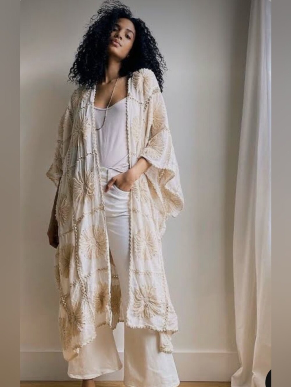 Free People MOMO New York Boho Cream Embroidered Oversized Kimono One Size